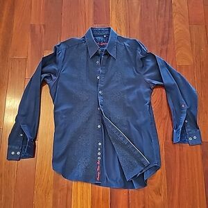 Robert Graham Men's Blue Navy Embroidered Detail Dress Shirt Fold Up Sleeves